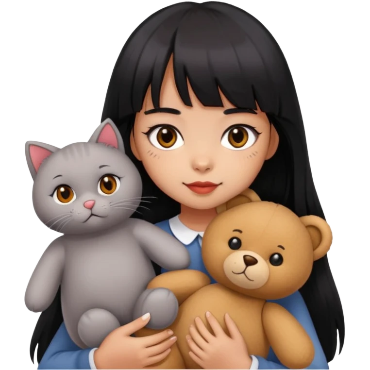 girl,black eyes,red cheeks,long black hair with bangs,holding a British grey cat and a brown teddy bear emoji