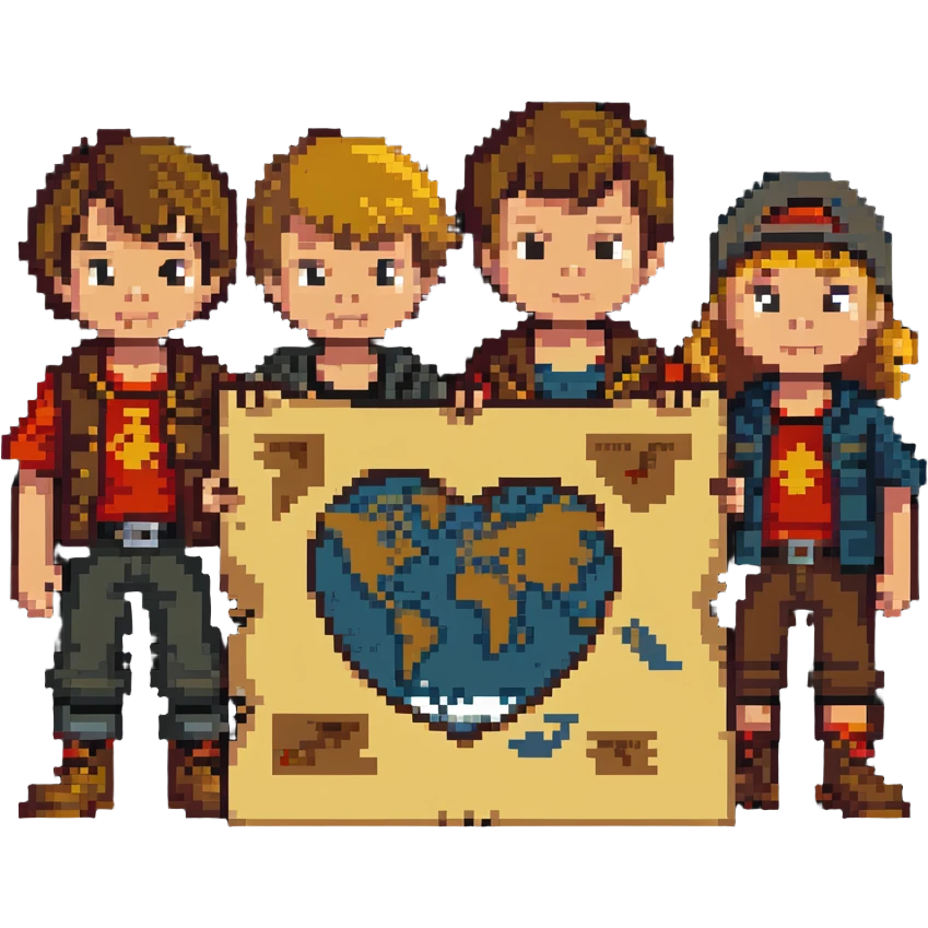 group of kids from the Goonies movie with treasure map emoji