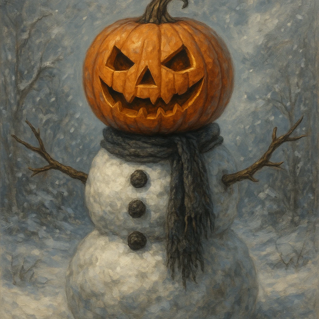a snowman with a carved pumpkin on its head, detailed, artistic emoji