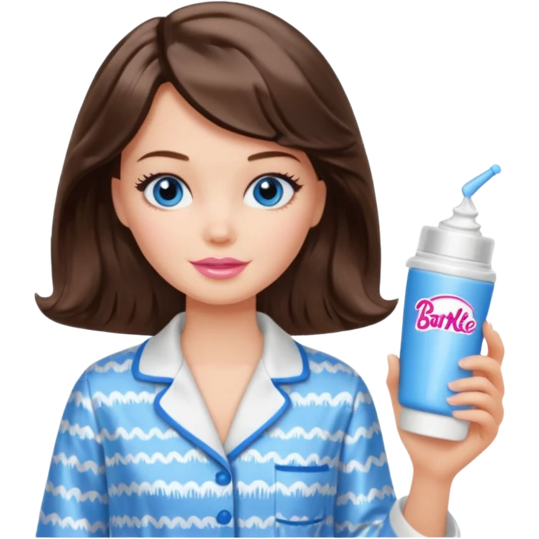 Barbie girl with makeup, blue eyes , and bob long haircut wavy, short brown hair in creamy color pajamas, face cream in hand emoji