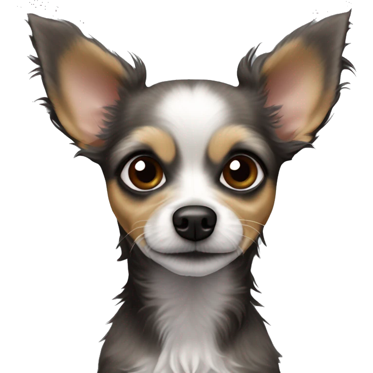 chihuahua poodle mix, small, dark, scruffy dog with large, expressive eyes and pointed ears. It has prominent ears that stand upright and a mix of gray and dark brown fur with some lighter areas around the face and chest emoji