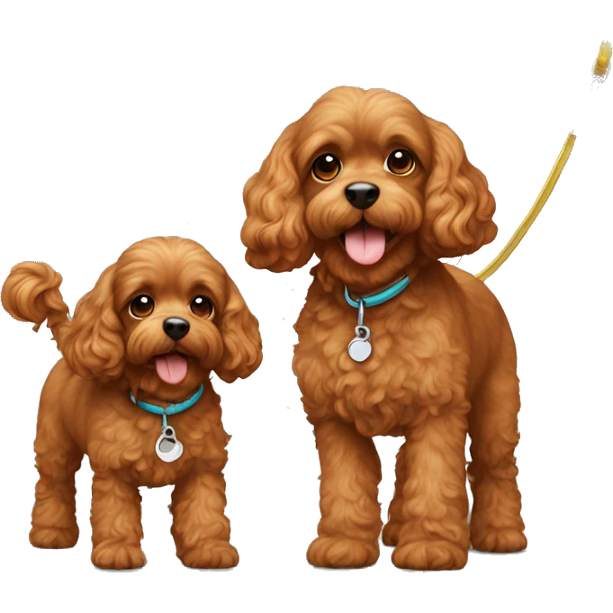 Two cute brown cavapoos walking on leash emoji