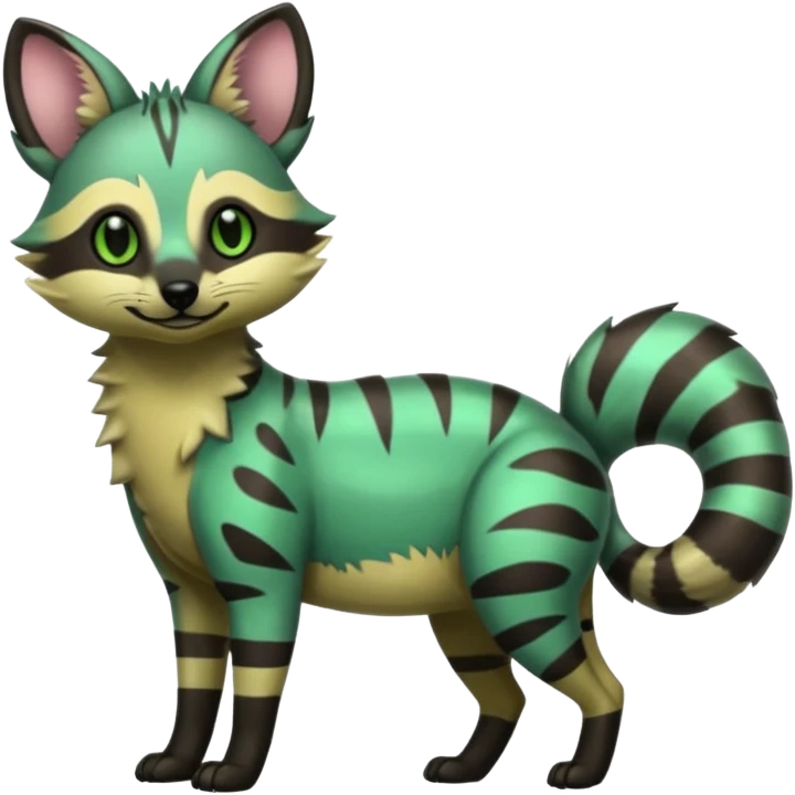 Cute adorable kawai Shiny Green Colorful Dusky Dark Gloomy Glossy Aardwolf-Genet-Bobcat-fusion-animal-hybrid-creature, full body emoji