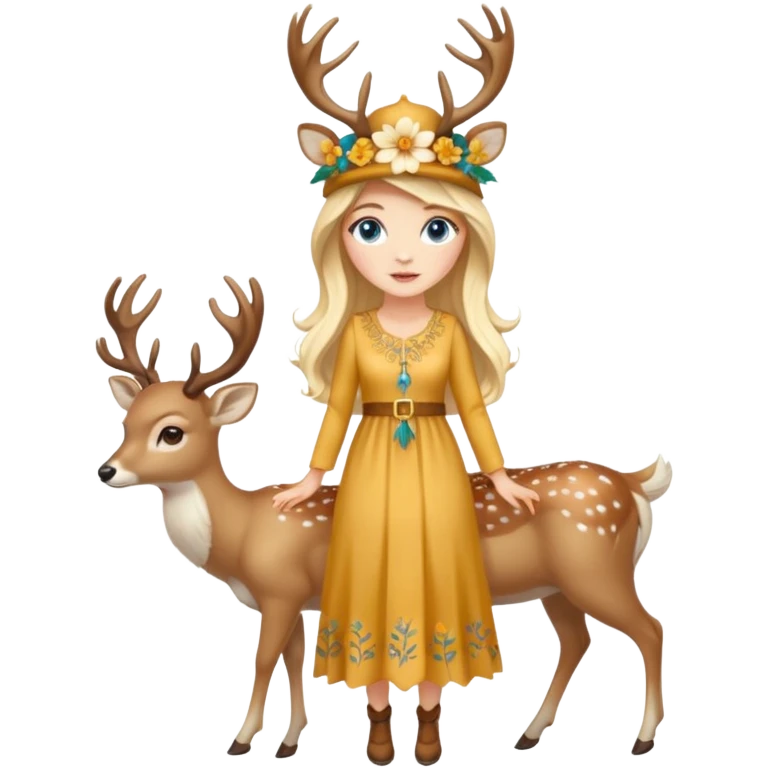 full body woman long blonde hair blue eyes white skin wearing deer hat and golden flower dress emoji