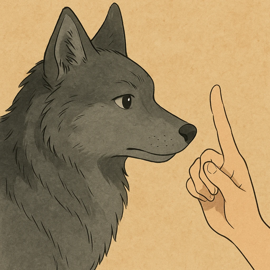 Make the dog gray and add a human hand in front of his nose with the index finger pointing up, in the same ghibli style. emoji