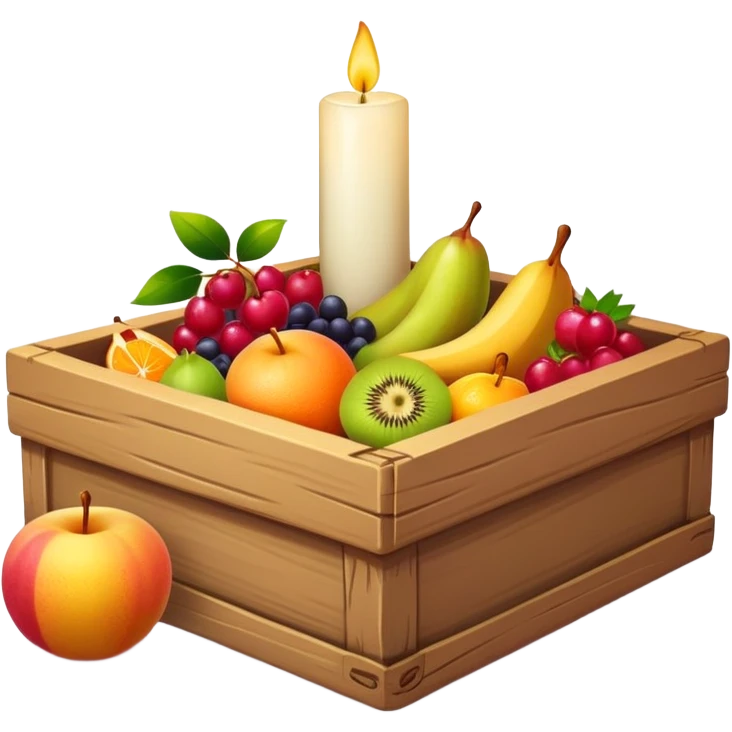 Open box with fruits, scarf, candle emoji