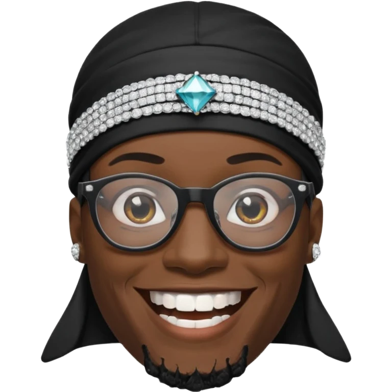 man with black durag,glasses, and smiling with diamond grillz on his teeth  emoji