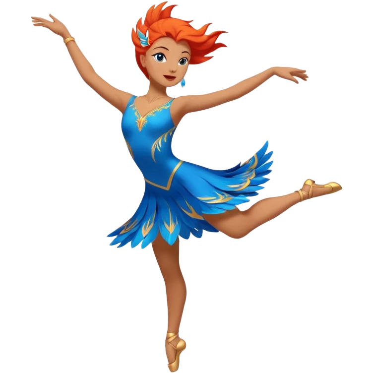 lyrical dancer with blue dress firebird leap arms and one leg extended emoji