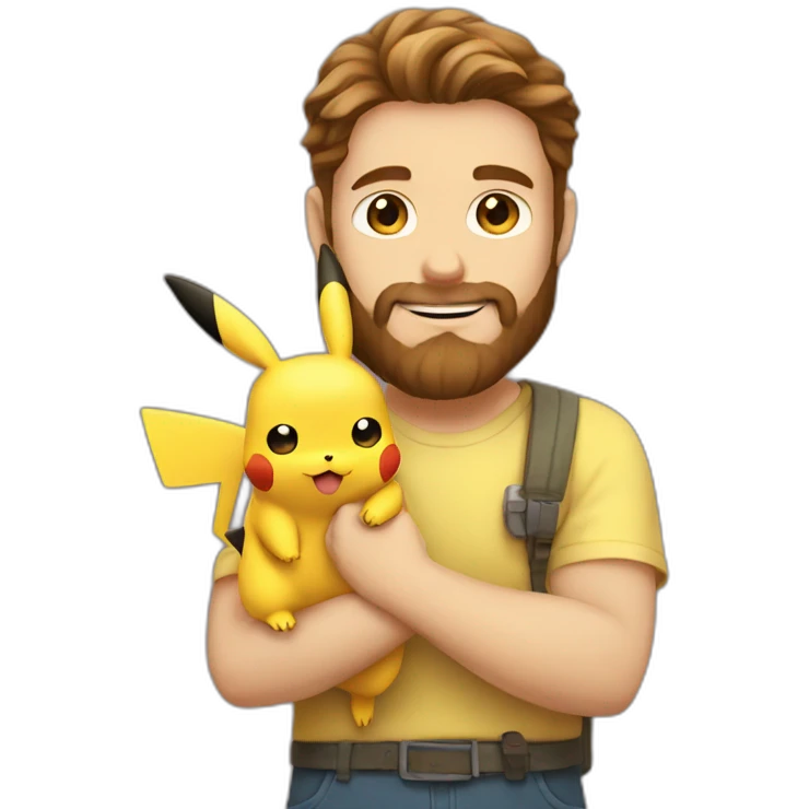 white man with brown hair and beard holding a pikachu pokemon emoji