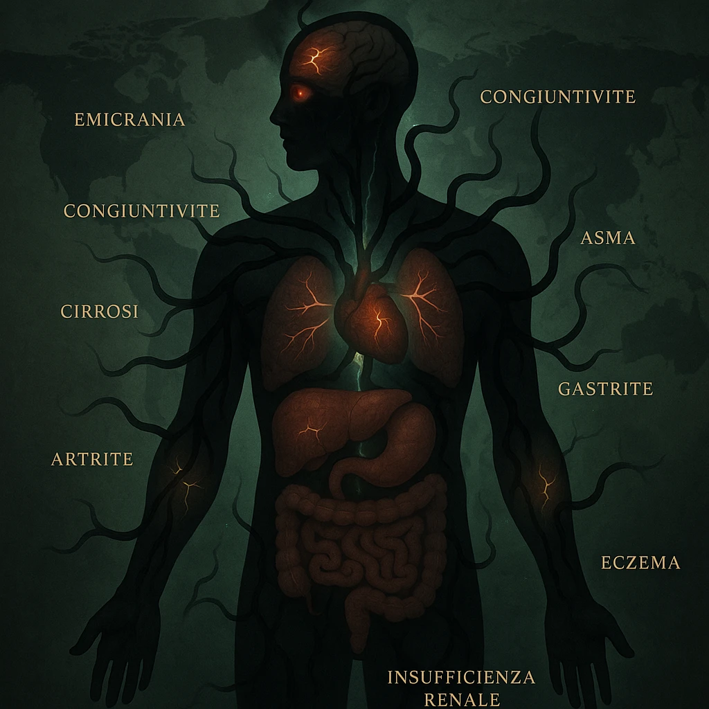 semi-realistic, medical-fantasy human silhouette with dark worm-like forms radiating from the center to every organ, each organ associated with a specific disease (emicrania, aritmia, asma, cirrosi, colite, artrite, eczema, congiuntivite, insufficienza renale, gastrite), glowing cracks, green mist, world map background, allegorical emoji