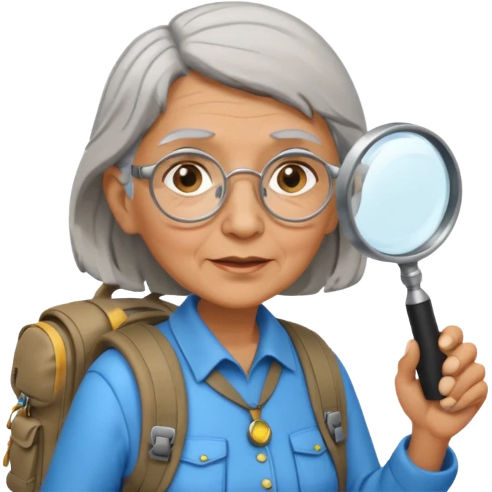 Explorer old woman with magnifying glass and backpack, portrait emoji