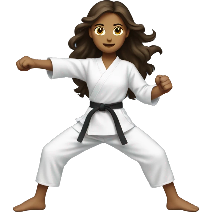Girl doing power karate stance with long wavy brunette hair emoji