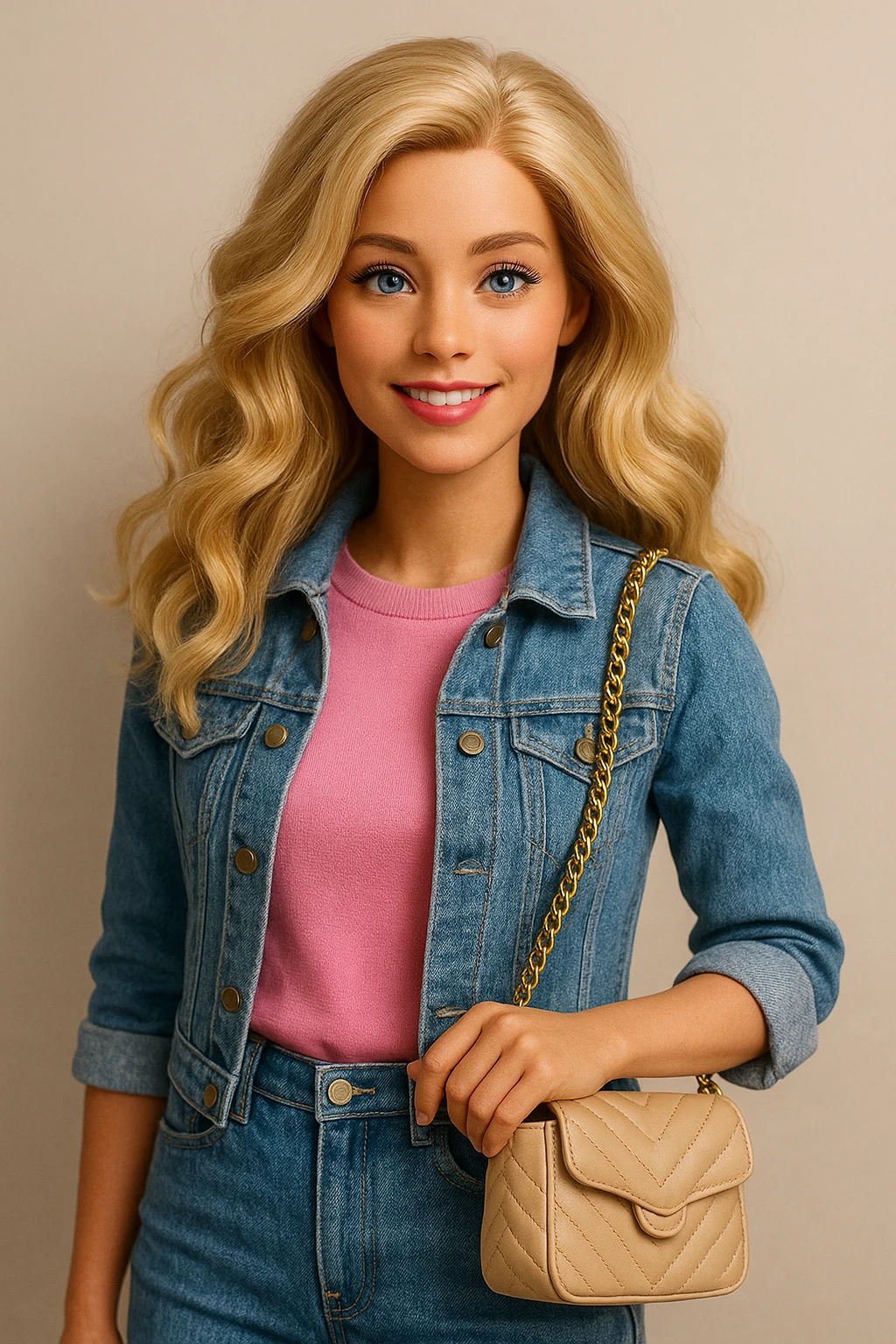 Barbie with wavy blonde hair, trendy outfit, holding a purse, friendly expression emoji