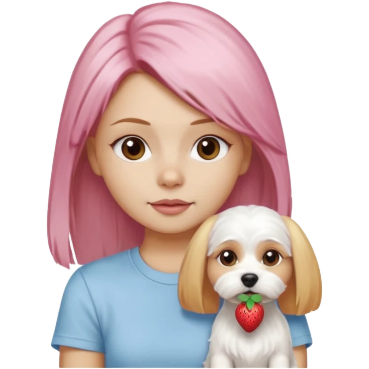 cute white Maltese terrier with pink nose on lap of girl with long blow-dried strawberry blond hair, brown eyes, thin eyebrows, slim nose, beautiful lips, Apple memoji emoji style emoji