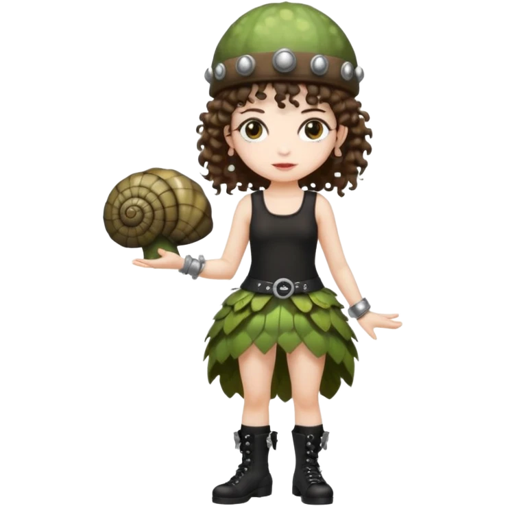 full body woman short curly brown mullet hair brown eyes white skin wearing punk fairy outfit and snail shell hat emoji