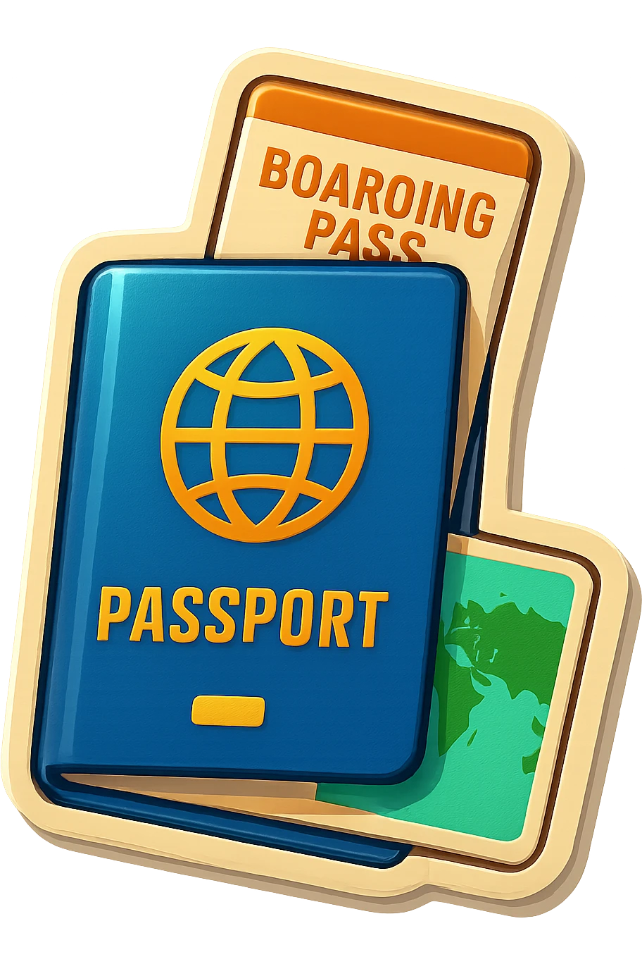 vector-style drawing of a passport with a boarding pass and a small world map peeking out, retro sticker style with bold outlines and glossy highlights emoji