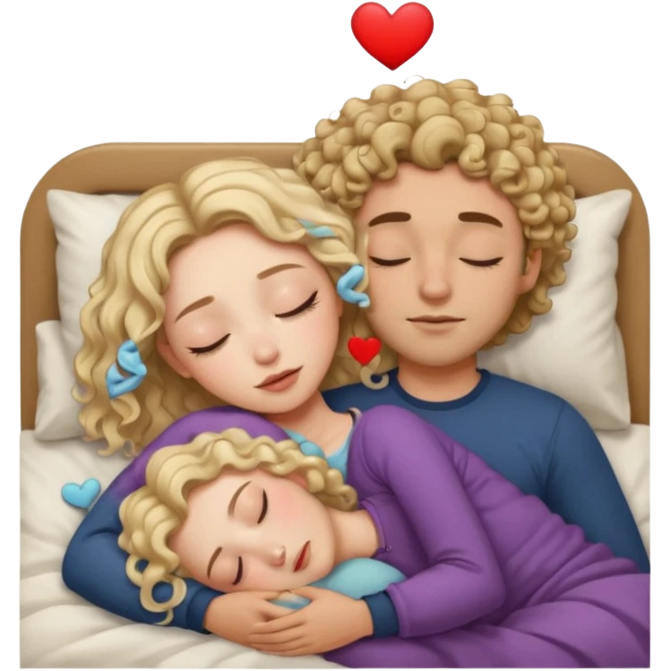 cuddling in bed, asleep. wavy haired blonde girl. man with curly,  dark brown hair. eyes closed. heart between them. no headboard emoji