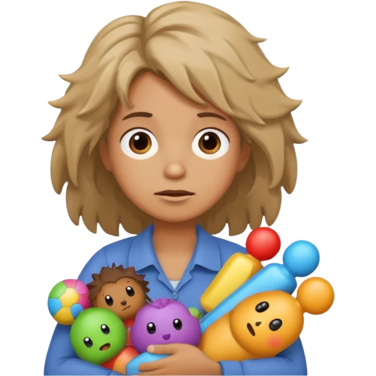 A kindergardenteacher carrying toys while looking exhausted and stressed. emoji