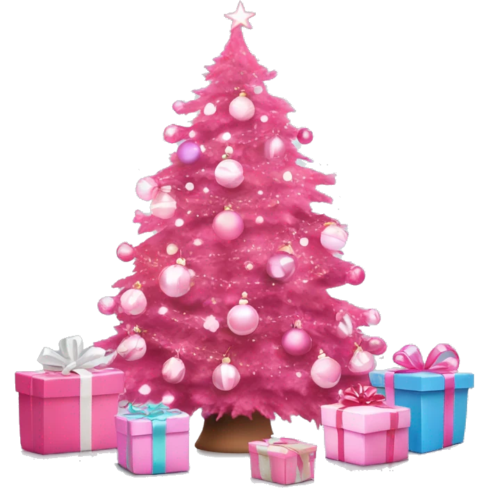 Pink Christmas tree with white Christmas lights and pink presents surrounding it emoji