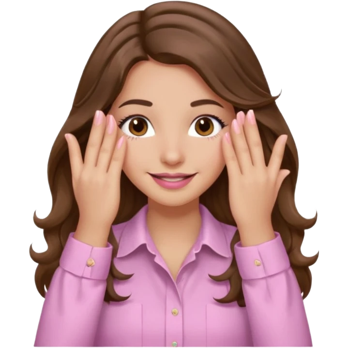 girl with wavy long brown hair, brown eyes, light to medium complexion, long lashes, light pink lipstick, wearing light pink shirt, smiling, hands covering both eyes emoji