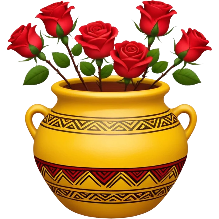 Yellow ceramic pot with red roses; the pot is decorated in an ethnic style. emoji