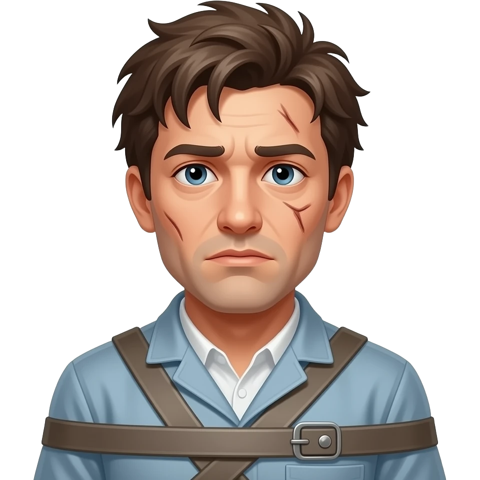 A mental crazy guy in a straitjacket with messy hair emoji