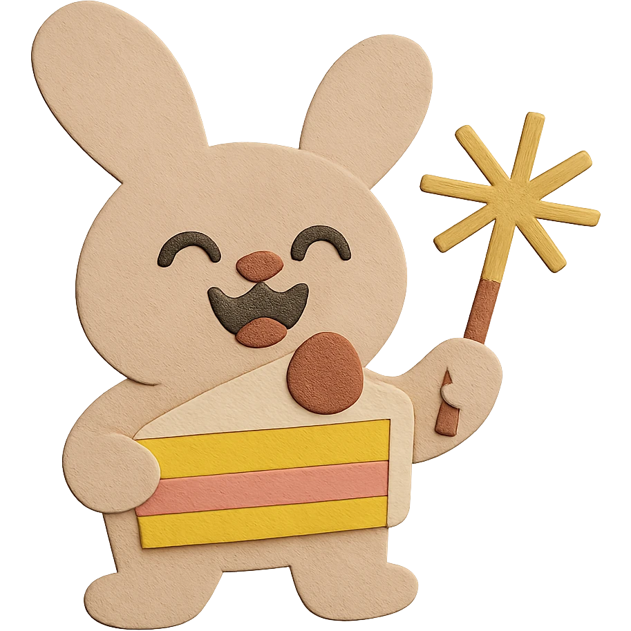 Keep the design the same, but change the bunny ear shape to visually match and harmonize with the rest of the bunny. Maintain the paper-craft style, cake slice, and sparkler. emoji