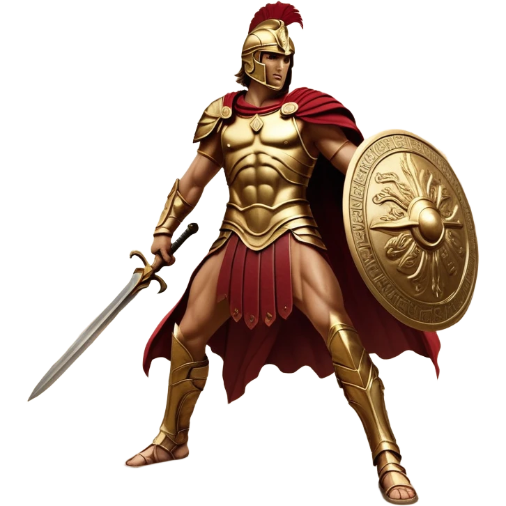Cinematic-realistic Achilles, the unstoppable Greek warrior, standing fearlessly on the battlefield of Troy. His golden armor gleams under the scorching sun, each intricate engraving telling tales of his past glories. His piercing gaze locks onto his foe, his grip tightening around his ornate bronze sword as his crimson cape billows behind him. The dust swirls at his feet, the echoes of clashing weapons and distant war cries surrounding him, the essence of an immortal legend in motion. emoji
