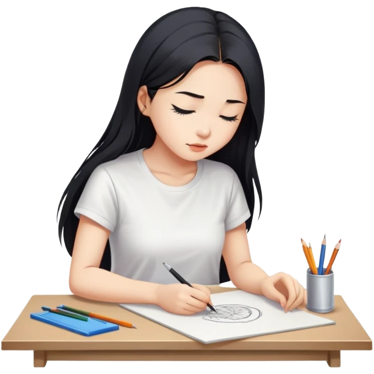Asian woman in long hair in t shirt drawing on drawing table, looking down  emoji