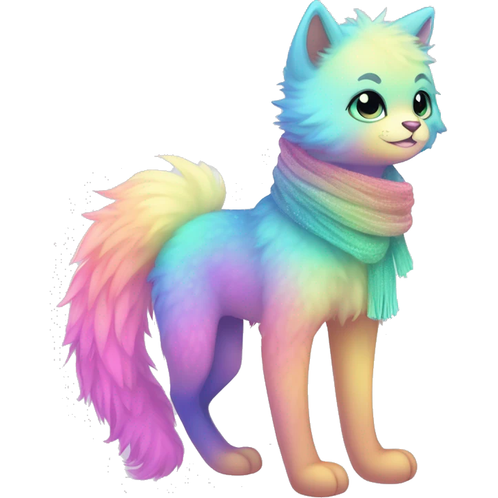 Edgy Kawaii cute gorgeous colorful sparkly bright light pastel gradient fantasy ethereal fluffy fursona animal creature with a cute scarf full body emoji