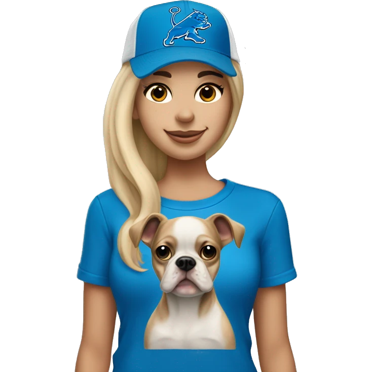A blonde haired girl shoulder langth wearing a Detroit Lions hat and holding a Boston terrier emoji