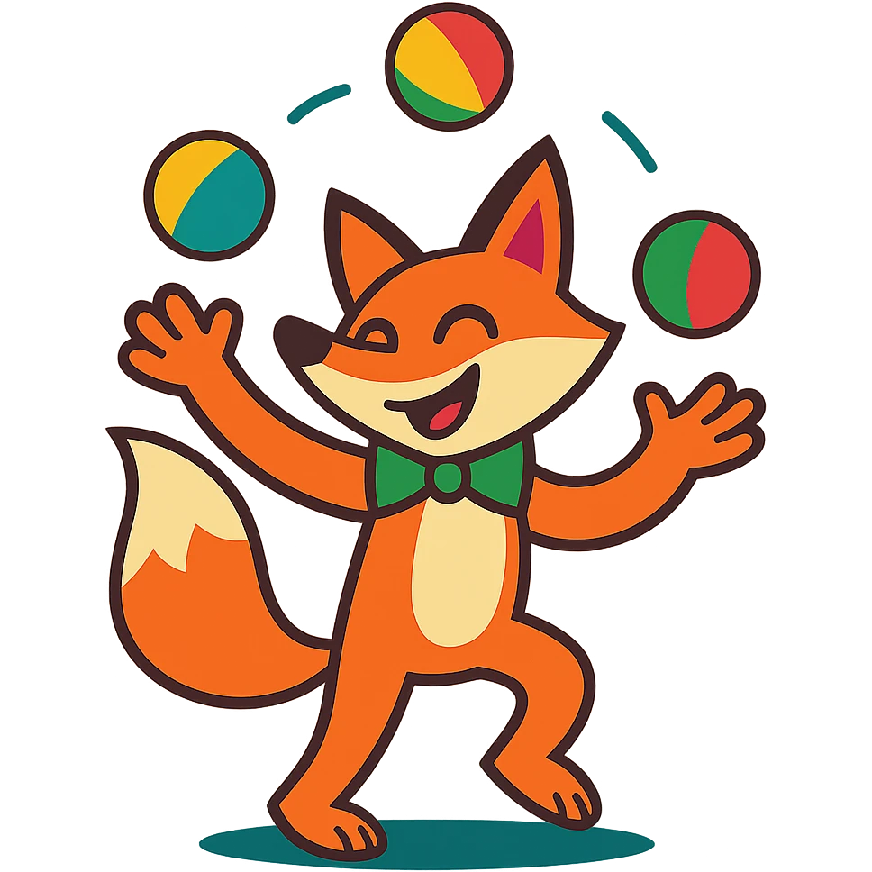 clever fox juggling, vibrant toon style emoji