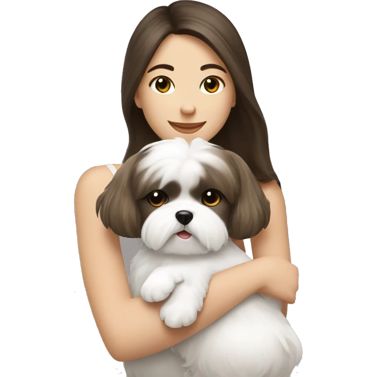 Brunette girl hugging her white Shih tzu emoji