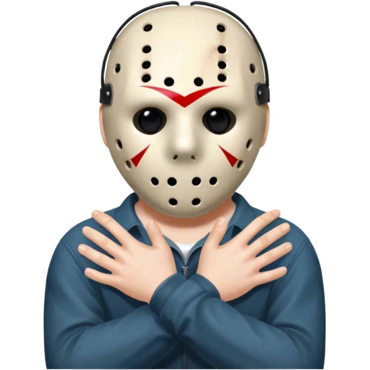 Jason Voorhees, looking cute, with his hands clasped in front of him, at a sideways angle, looks like he is in love emoji