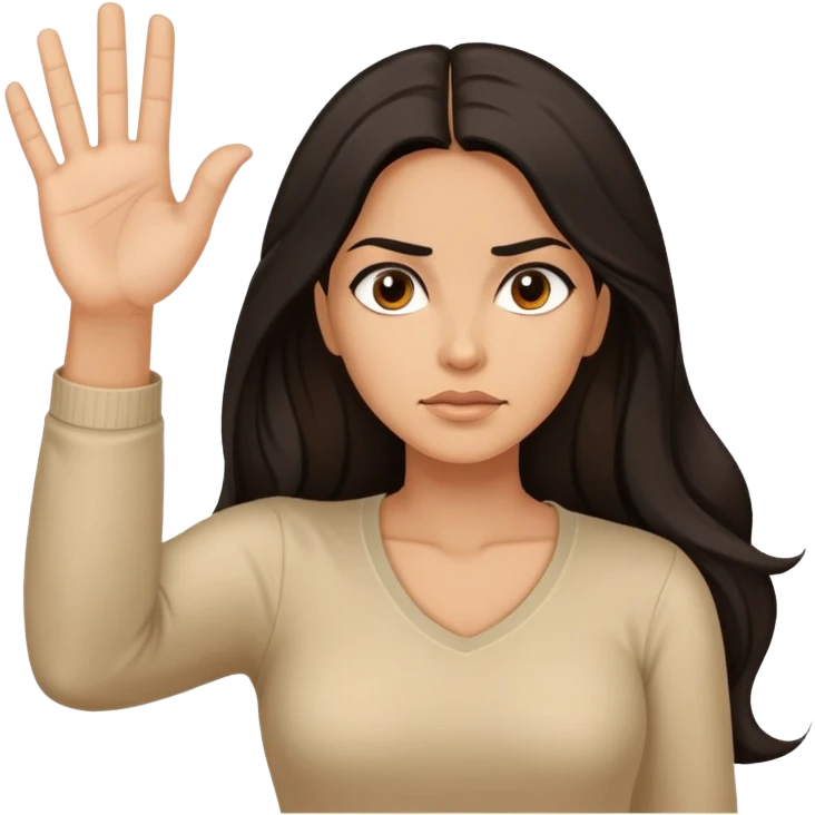 Hispanic woman with long hair, beige top, determined, one hand out motioning to stop emoji