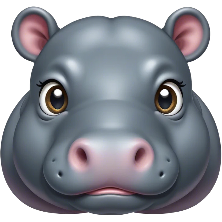 Cinematic Cute Hippo Portrait Emoji, Head tilted playfully and inquisitively, featuring a glossy slate-gray hide with a gentle sheen and round, sparkling eyes filled with curious charm, Simplified yet irresistibly adorable features, highly detailed, glowing with a warm, friendly glow, high shine, affectionate and serene, stylized with a touch of aquatic whimsy, bright and endearing, soft glowing outline, capturing the essence of a mischievous yet loving hippo, so playful it feels like it could splash out of the screen and into your arms! emoji