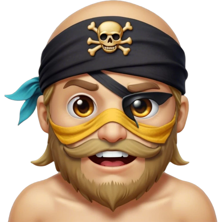Clash of Clans aesthetic Comical Pirate Portrait Emoji, Head tilted dramatically with an exaggerated, fun expression and wide, comically expressive eyes behind a quirky eye patch, featuring a rugged yet cartoonish build with a playful bandana and natural skin tone, Simplified yet hilariously expressive features, highly detailed, glowing with a slightly sassy oceanic glow, high shine, dramatic yet playful, stylized with an air of cheeky maritime mischief, soft glowing outline, capturing the essence of a meme-worthy pirate who brings humor to epic quests! emoji
