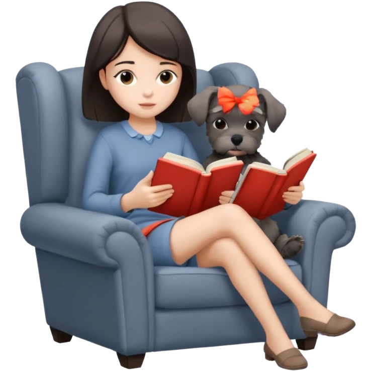 a girl reading a book in an armchair, Schnauzer puppy sitting beside, cozy and relaxing, iPhone icon style, soft colors, minimal details emoji