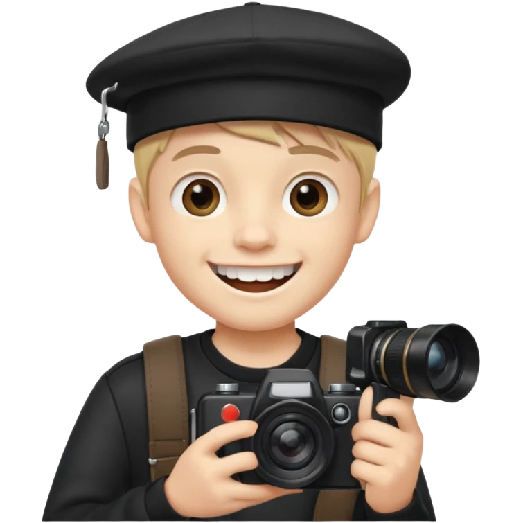 schoolboy with big front teeth wearing a black cap holding a camera in his hand emoji