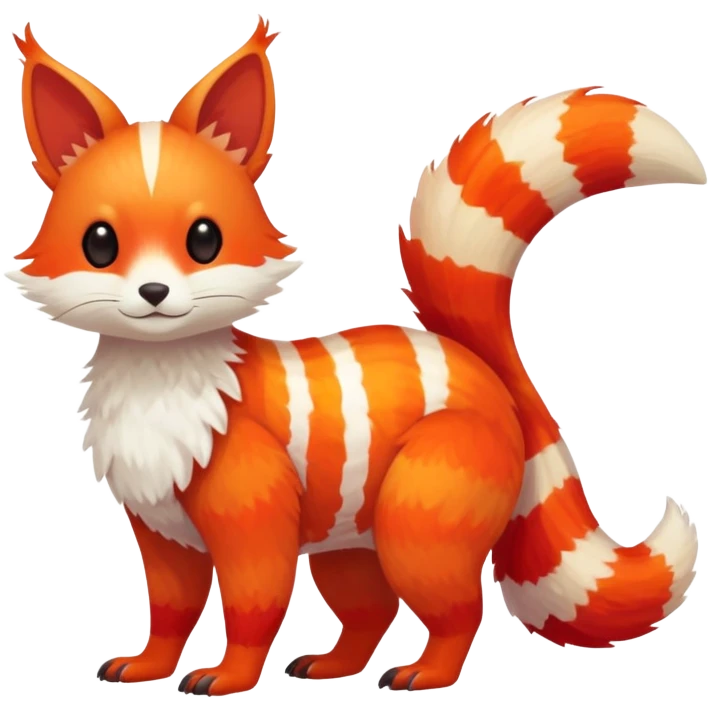 lush warm-colored Fakémon-Trico-creature (full body) with white cheek markings, white-striped tail emoji