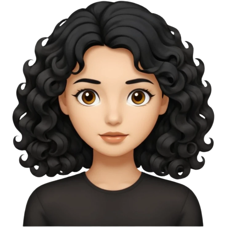 This avatar has shoulder-length black hair styled in large, wavy curls that frame the face, giving a soft and natural look. emoji