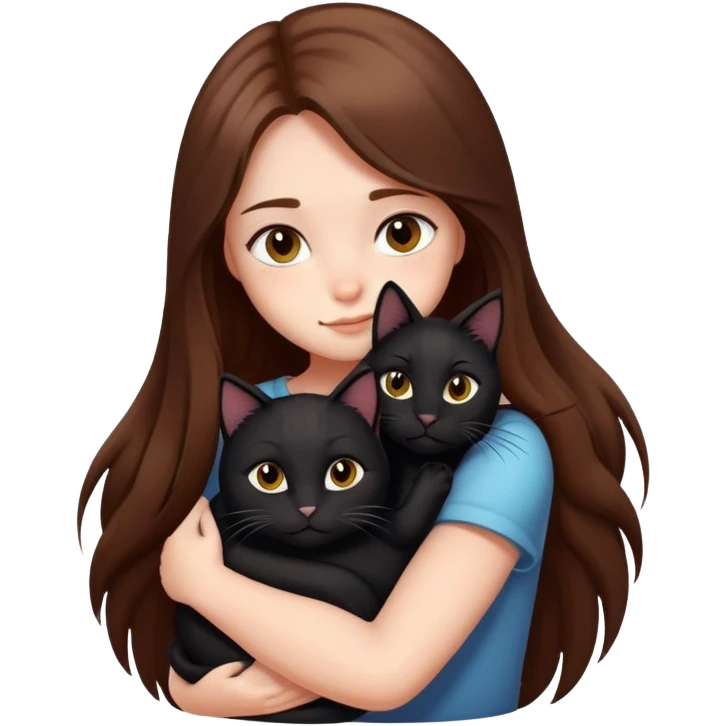 A girl with long brown hair hugs a black cat tightly emoji