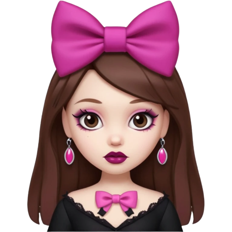 pretty bratz baddie, pale skin, brown hair, pink bow, gothic style emoji