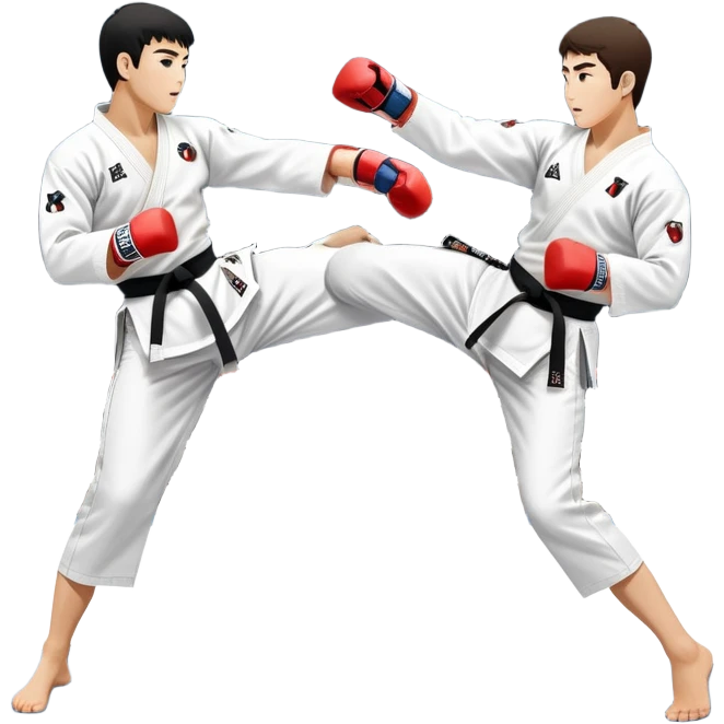 Two taekwondo fighters in traditional white doboks with black belts. One delivers a powerful kick, while the other defends by blocking with his knee. The background shows a professional arena with bright lights and an excited crowd. Transparent background highlights the intense action emoji