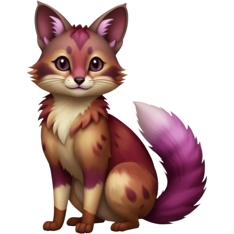 Hyper realistic  wine-dark burgundy fur melting into shadow-plum ombré smoke beautiful elegant pretty precious cute  Fakémon-Pokémon-opossum-feline-serval-caracal-chinchilla-Furret-Minccino-hybrid-creature with a big fluffy bushy tail (full body) emoji