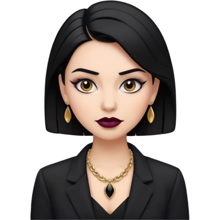 “Emoji girl, sculpted contour, bold dark lipstick, defined brows, sharp eyeliner, sleek black hair updo, statement necklace, black blazer.” emoji