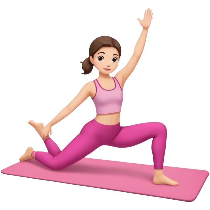 Uma menina fazendo yoga com o tapete de yoga rosa e roupa dela rosa emoji