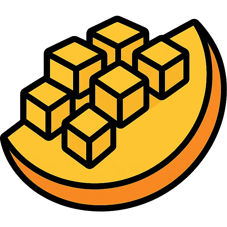 minimal flat vector icon, mango slice with cube-cut surface, square chunks raised, bright yellow-orange, no face, no background emoji