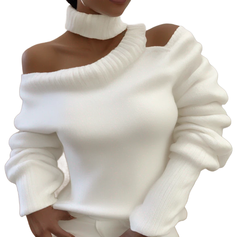 off the shoulder long sleeved white knit top emoji