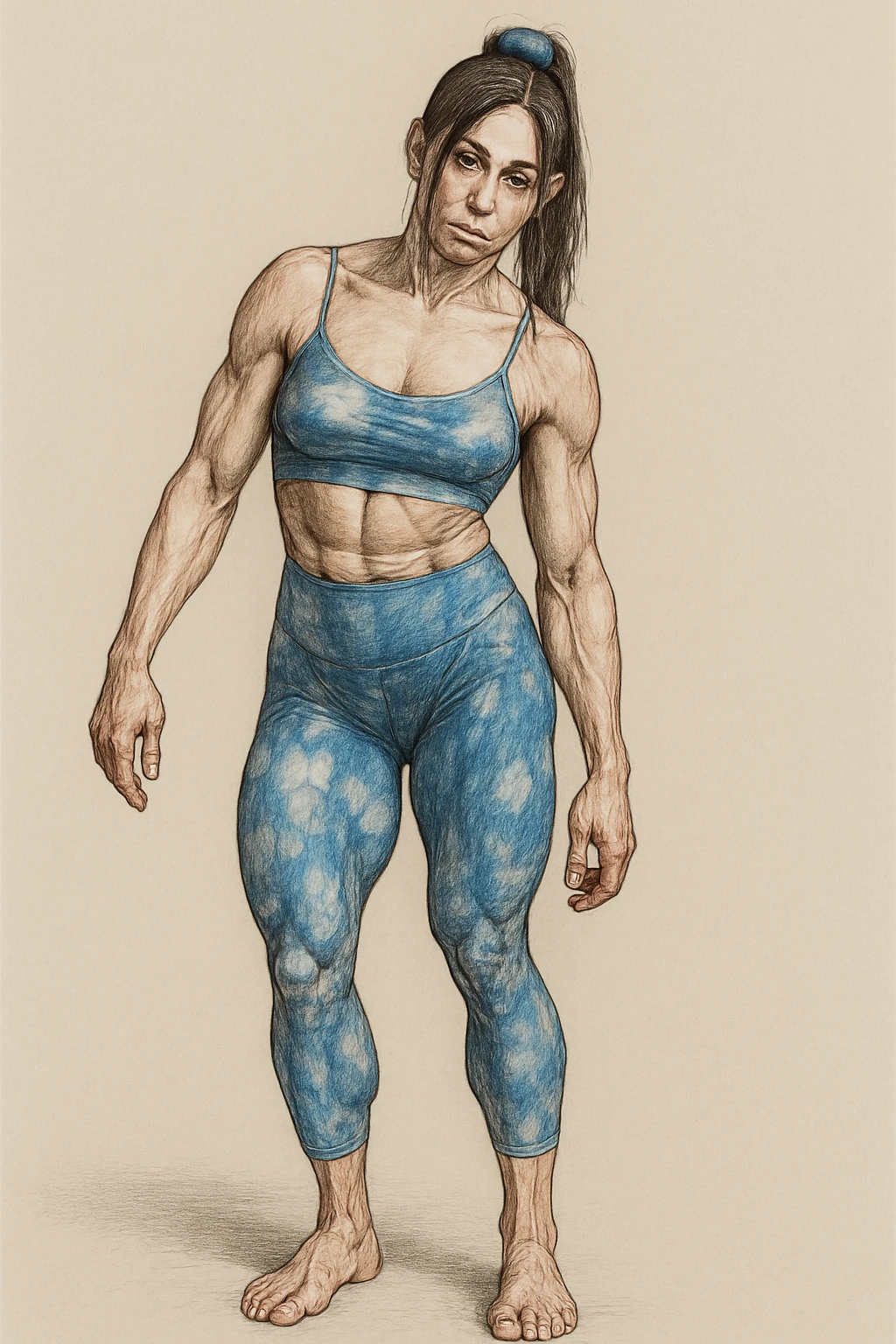 Realistic style illustration of a woman in sportswear with an asymmetric posture showing evident postural problems. The anatomy is clearly visible with muscles and joints emphasized. The background is neutral and the format is vertical, inspired by the reference photo. emoji